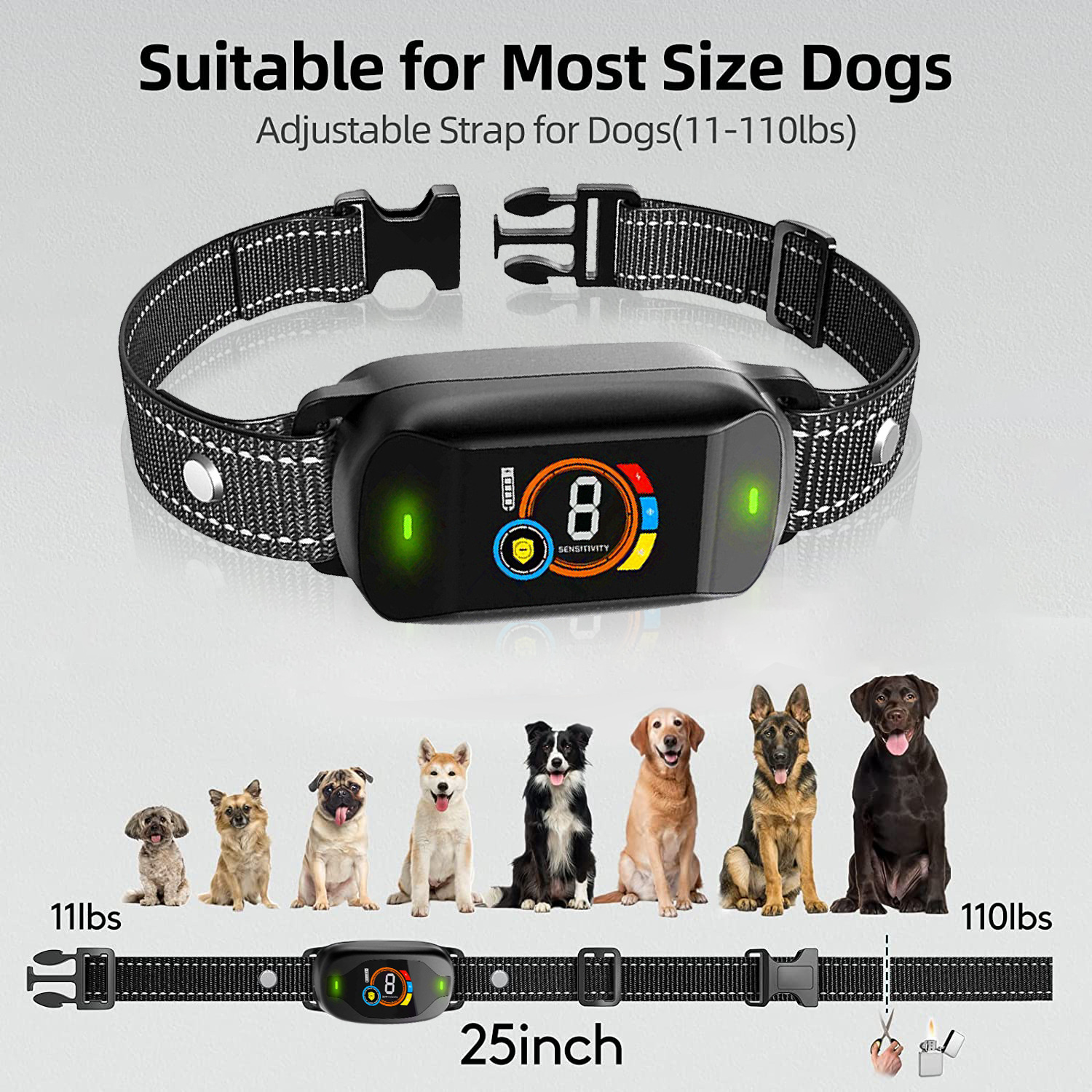Bark Collar, Digital Rechargeable Dog Bark Collar, Adjustable Sensitivity and Intensity Beep Vibration Shock, Anti Barking Collar for Small Medium Large Breed Dogs (Black) - Image 3